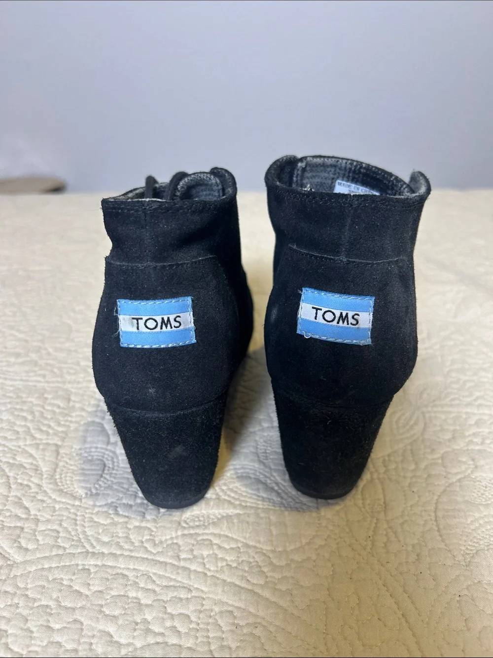 Toms Black Suede Lace-Up Ankle Booties with Tan Logo Patch